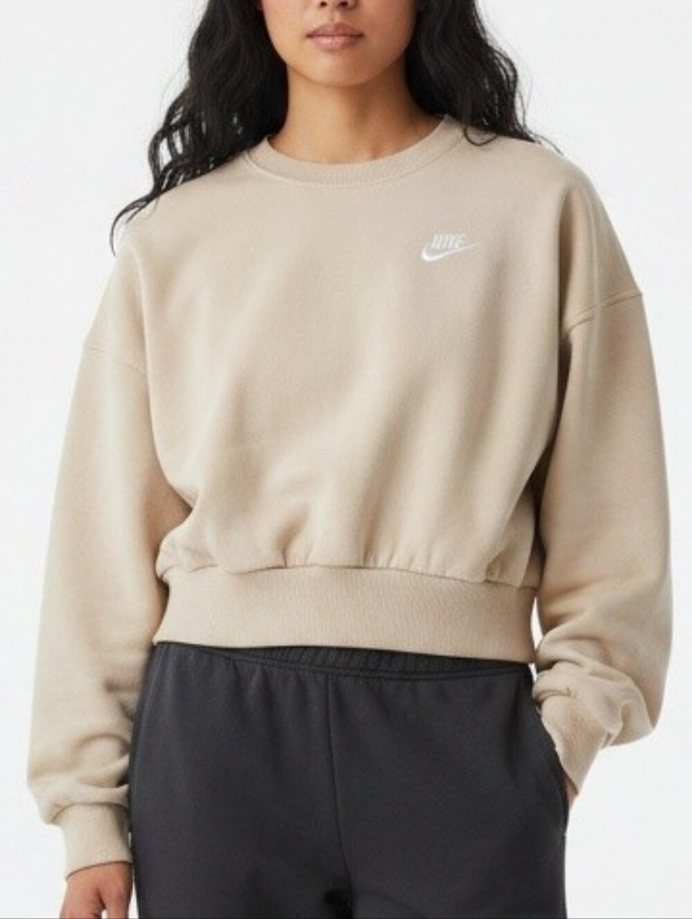 Nike Girls Club Fleece Boxy Crewneck Sweatshirt Tan Beige Size M